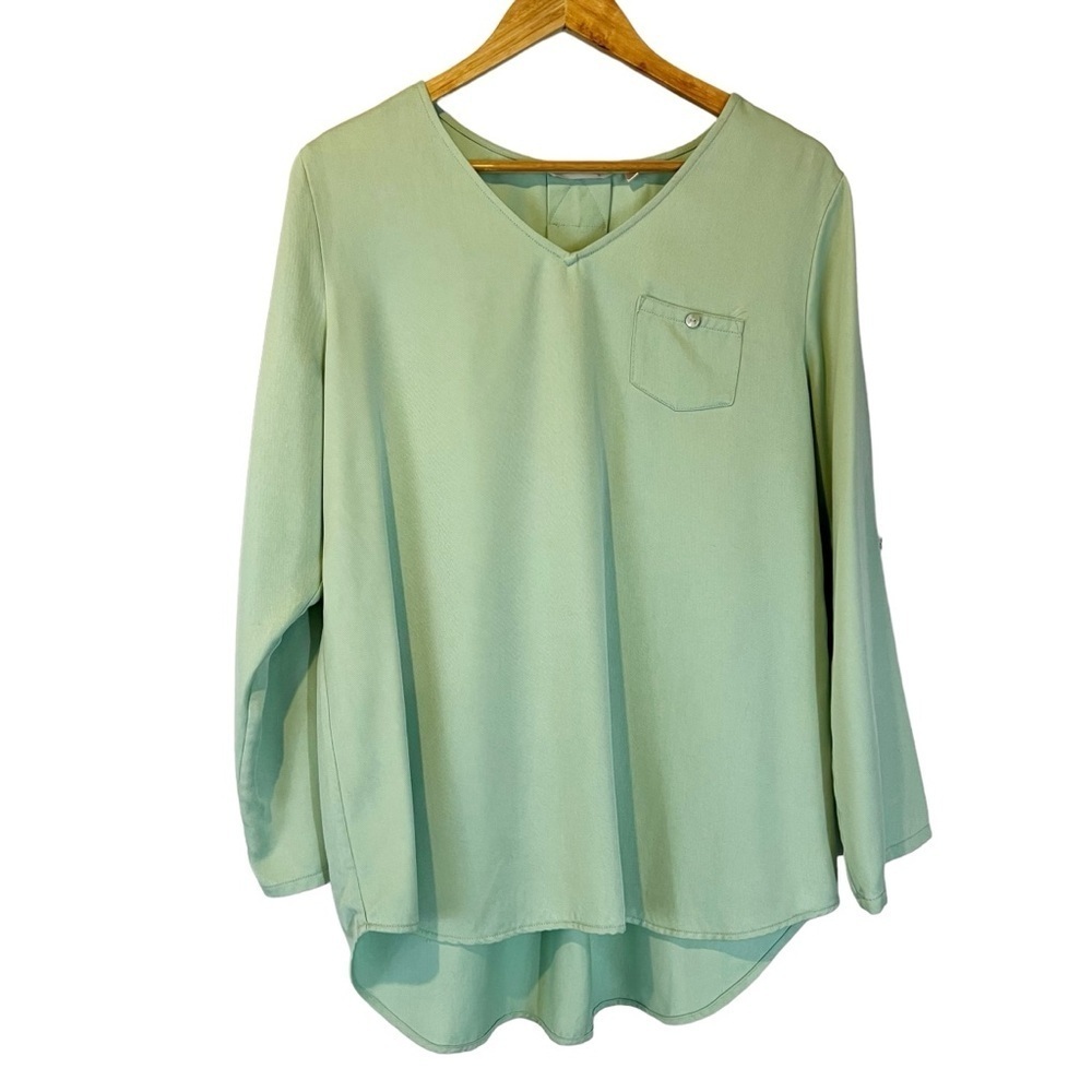 Soft Surroundings Tencel Light Green‎ Roll Tab Sleeve V-Neck Tunic M Minimalist